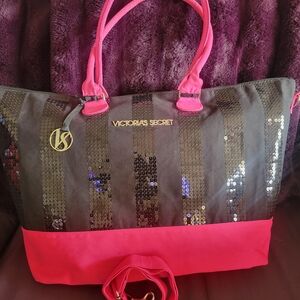 Victoria's Secret Black and Pink Sequin Tote Bag